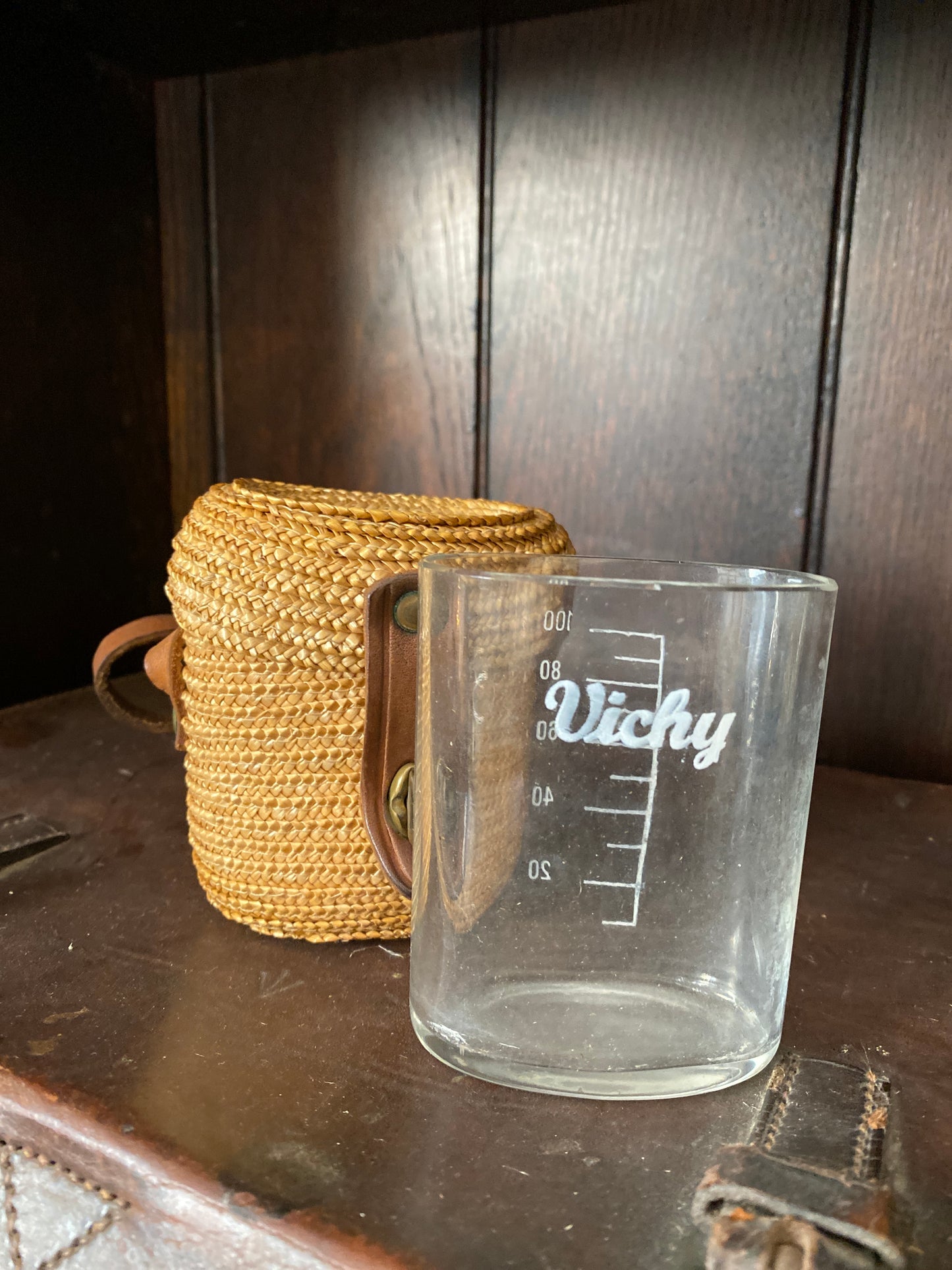 Vintage French Thermal Spa Glass & Wicker holder