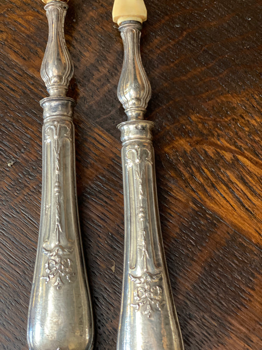 French Antique Silver and Horn Salad Servers