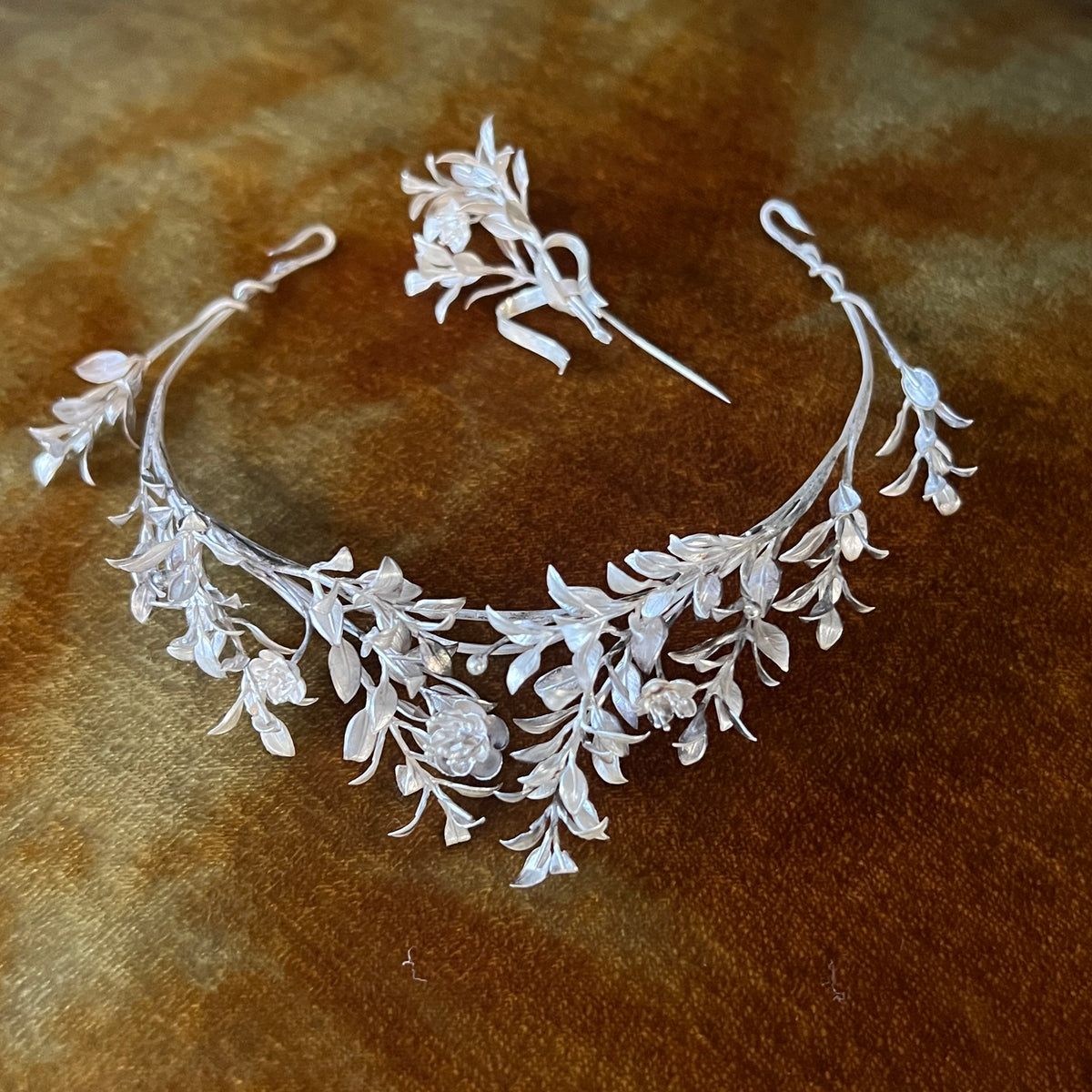 Antique European 800 Silver Myrtle Bridal Diadem with Groom Buttonhole