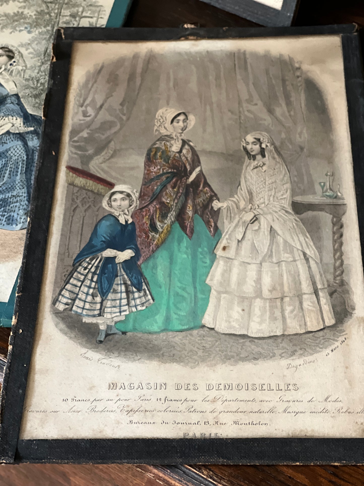 Antique Hand coloured Fashion Prints, framed