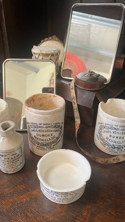 Antique Stoneware: Marmalade Jar - James Keiller & Son's; Potted Meat; and Ink Bottle