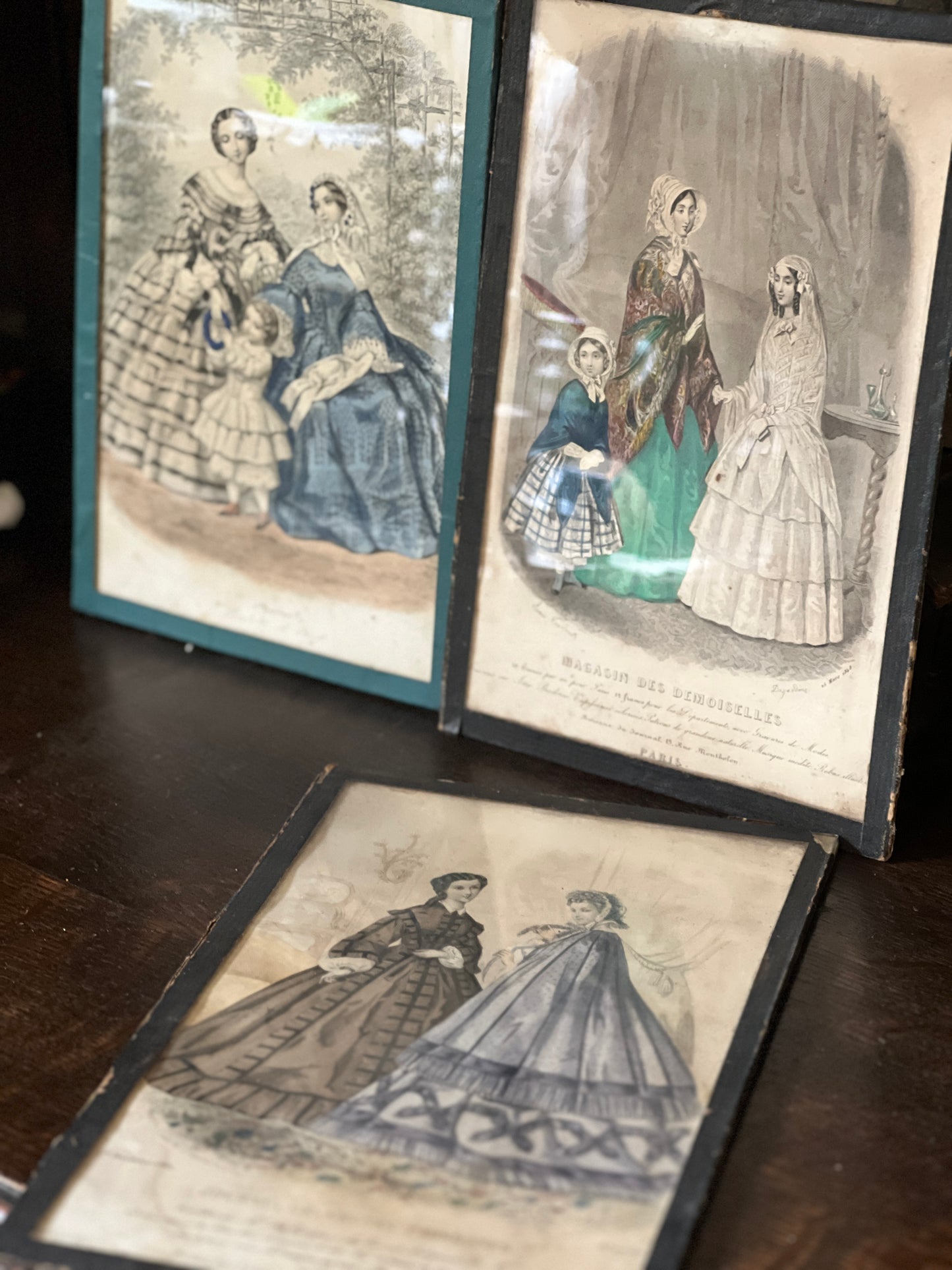 Antique Hand coloured Fashion Prints, framed