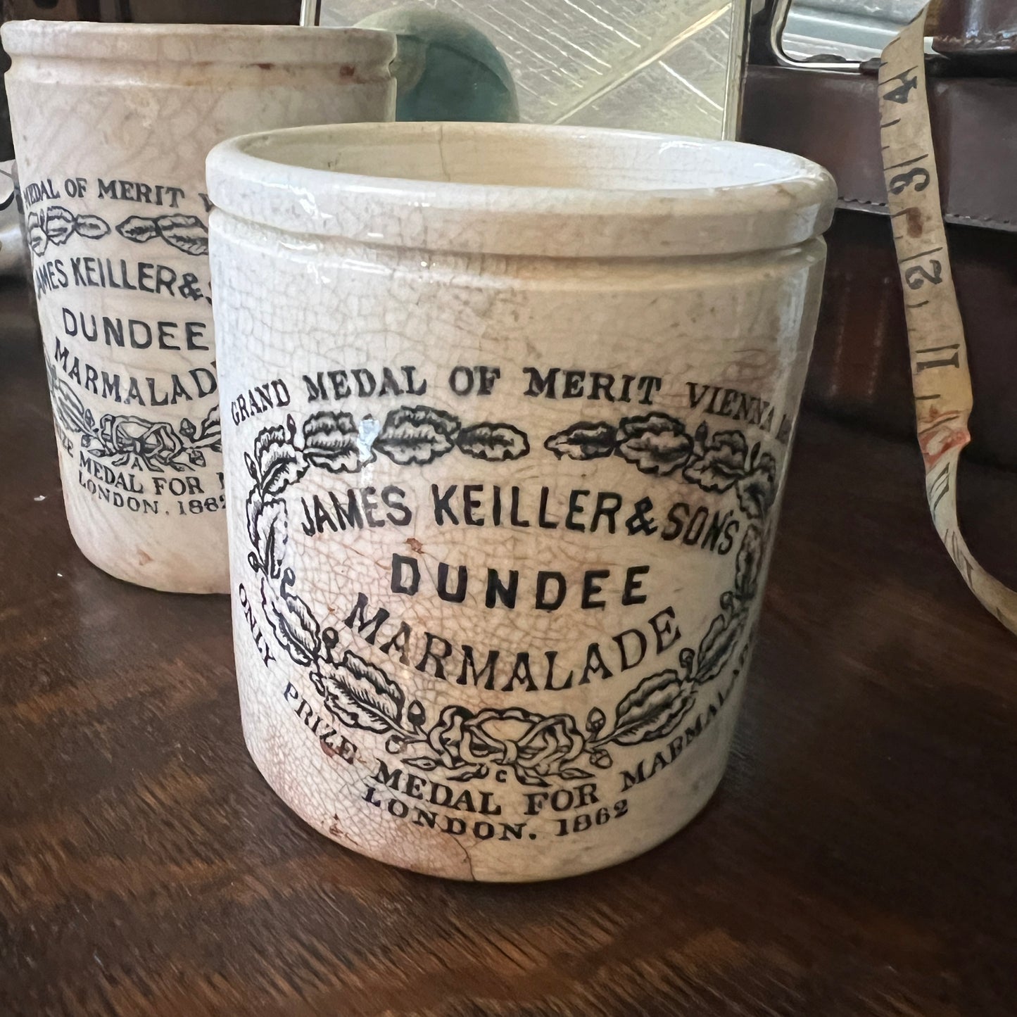 Antique Stoneware: Marmalade Jar - James Keiller & Son's; Potted Meat; and Ink Bottle