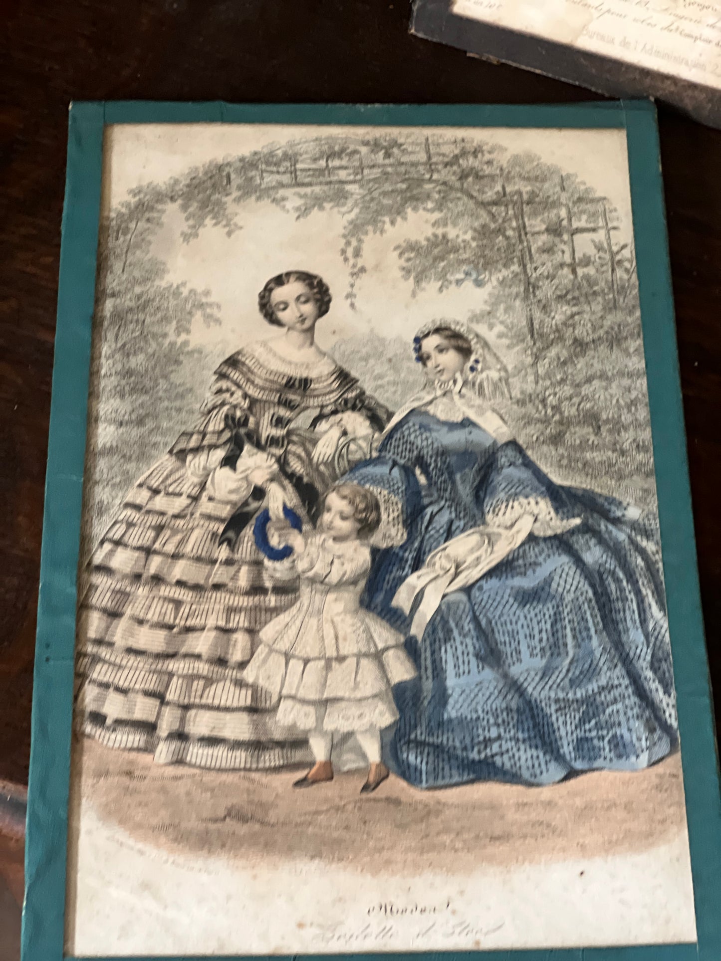 Antique Hand coloured Fashion Prints, framed