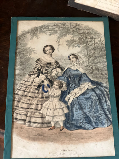 Antique Hand coloured Fashion Prints, framed