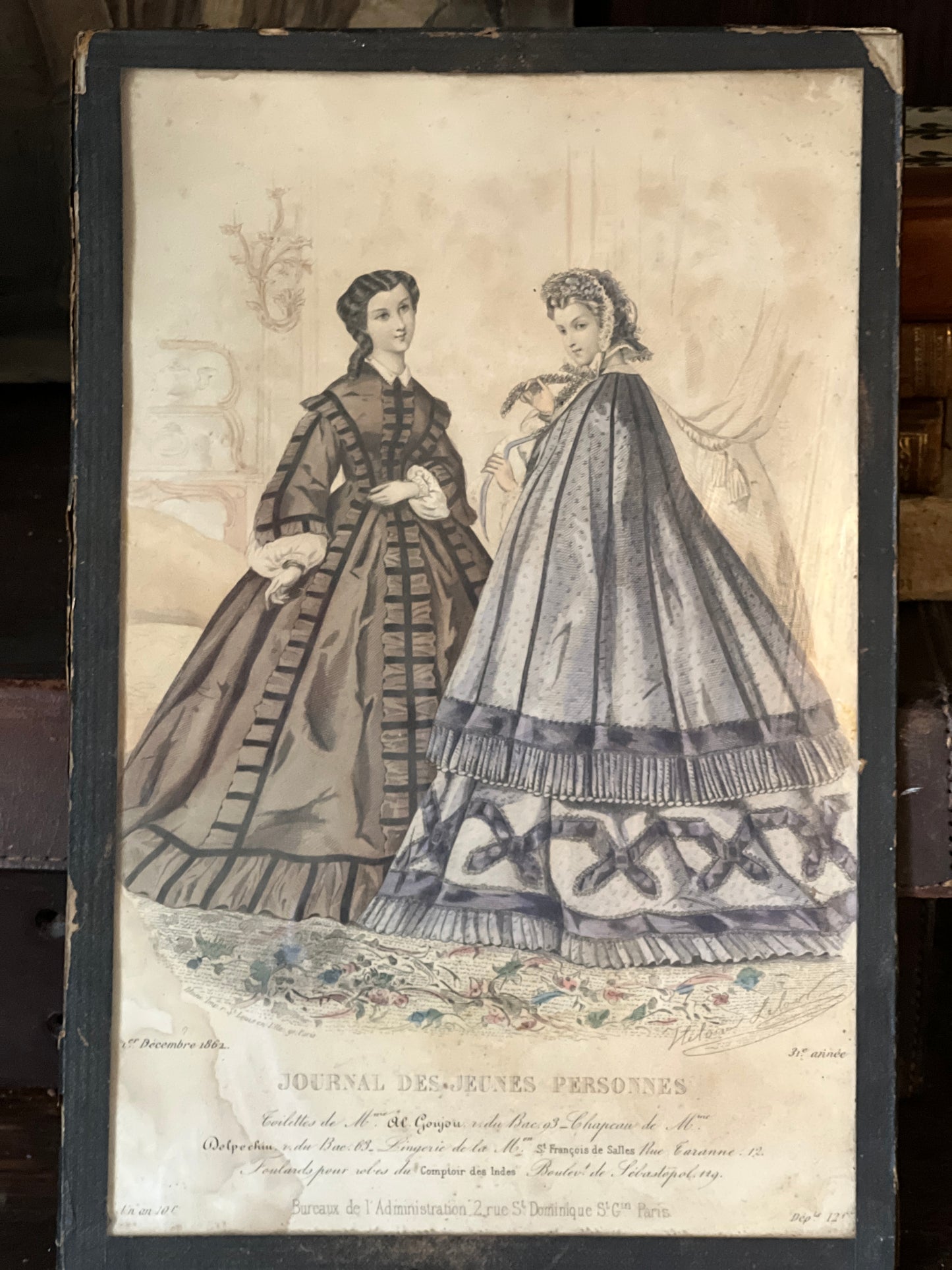 Antique Hand coloured Fashion Prints, framed