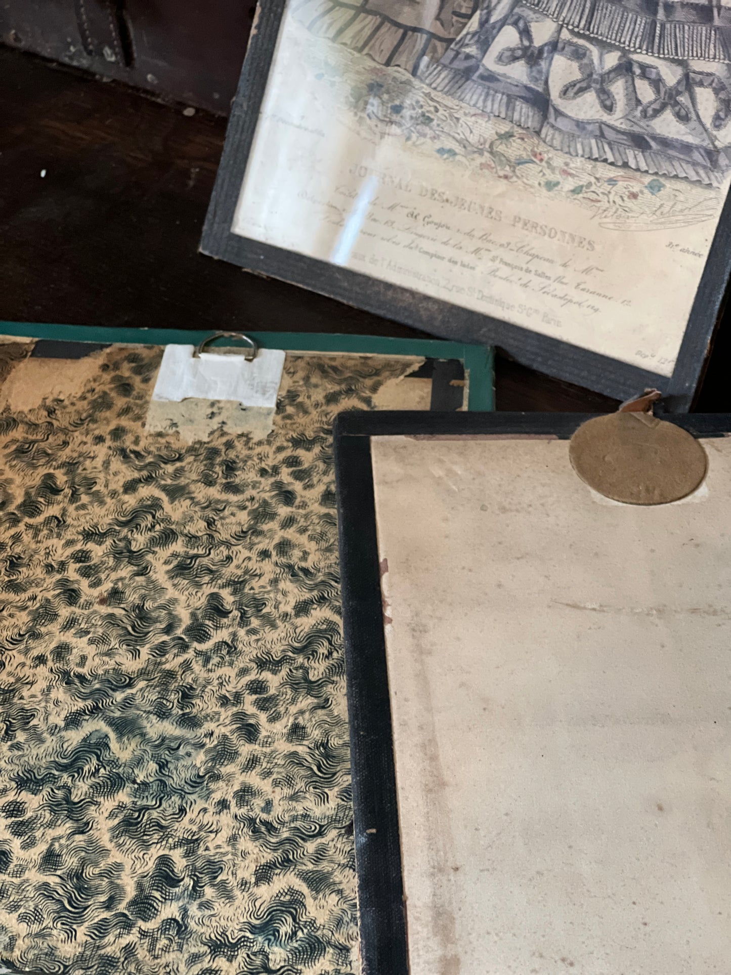 Antique Hand coloured Fashion Prints, framed