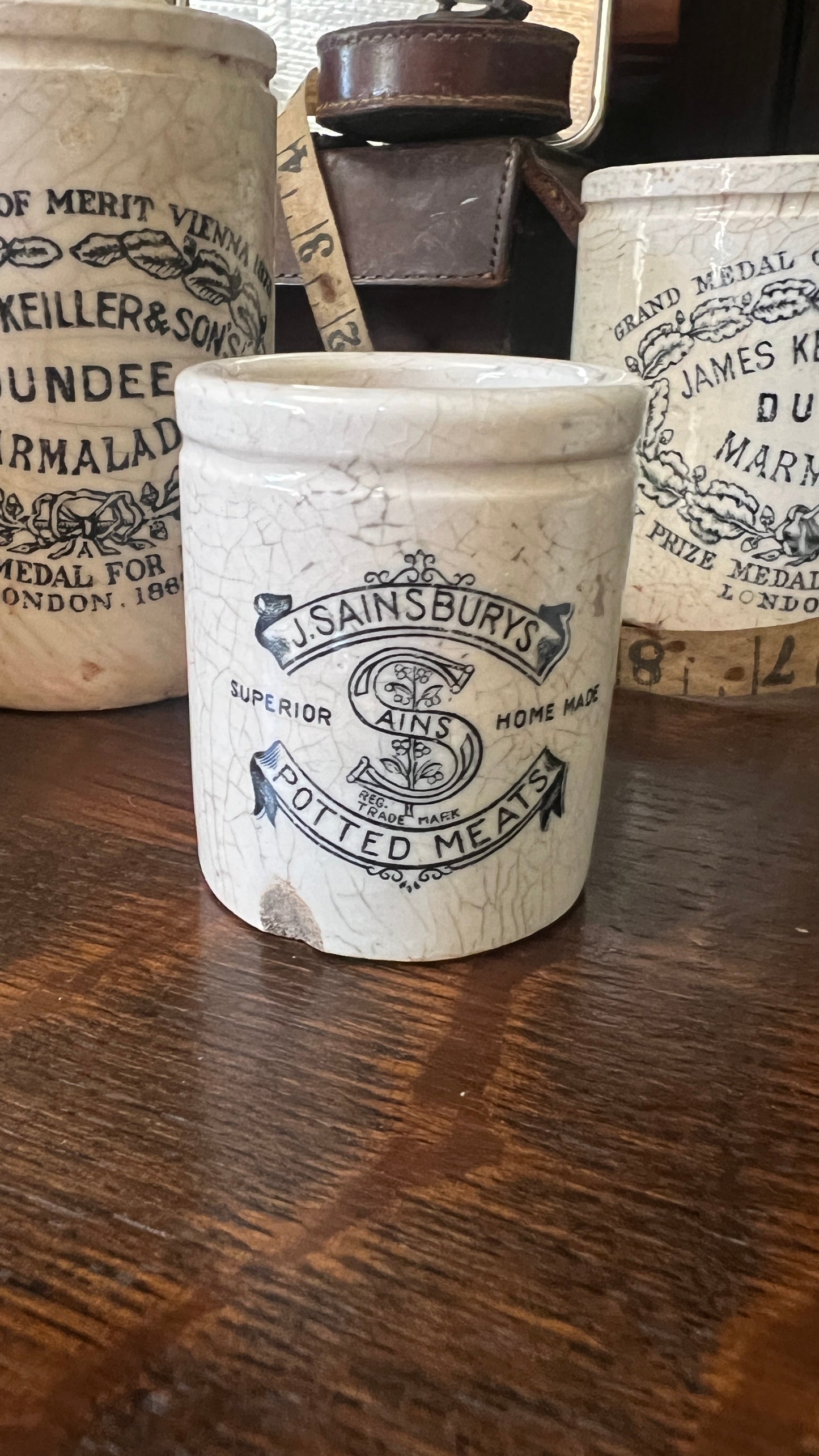 Antique Stoneware: Marmalade Jar - James Keiller & Son's; Potted Meat; and Ink Bottle