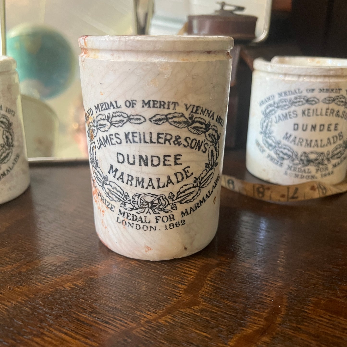 Antique Stoneware: Marmalade Jar - James Keiller & Son's; Potted Meat; and Ink Bottle