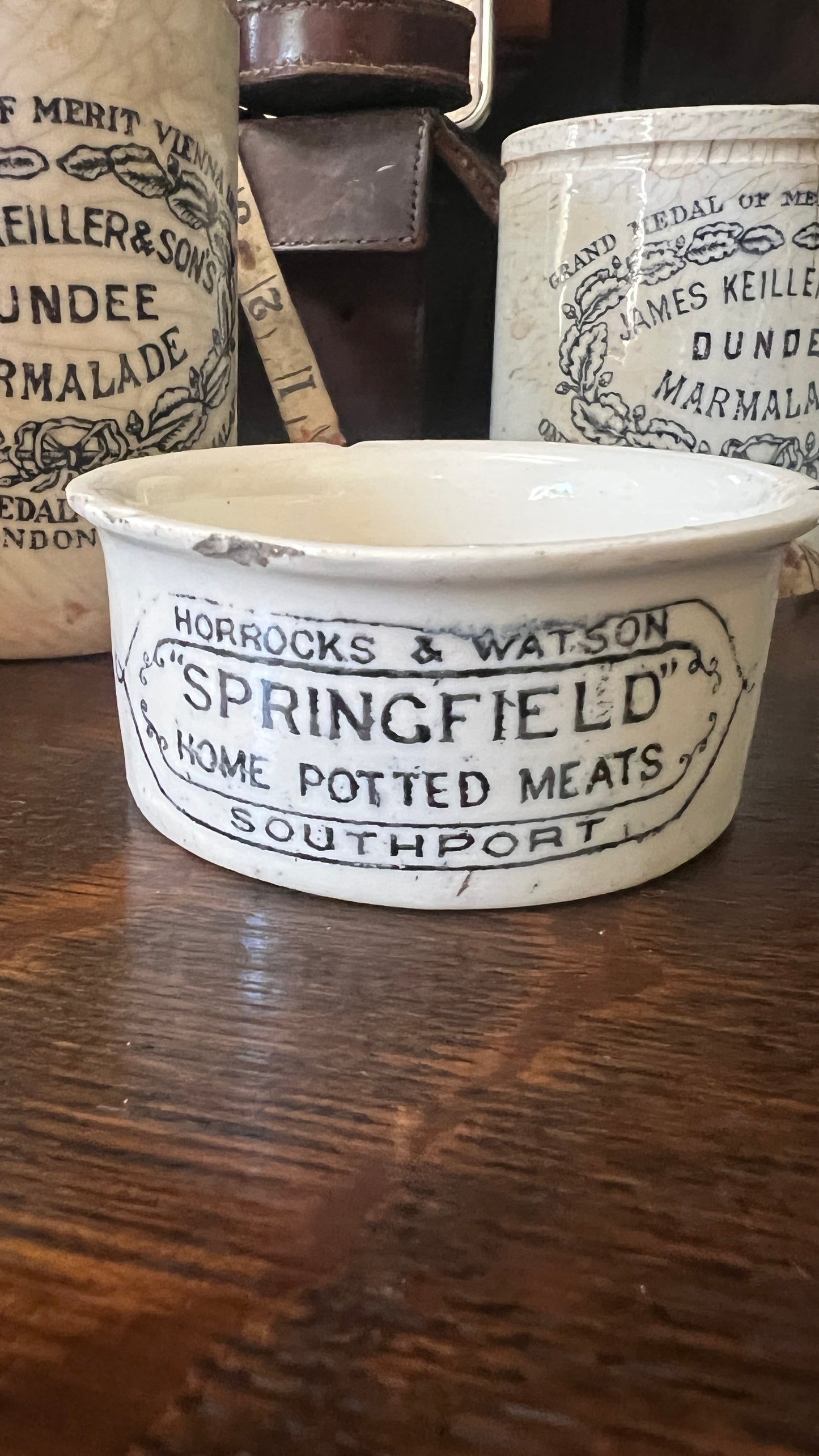 Antique Stoneware: Marmalade Jar - James Keiller & Son's; Potted Meat; and Ink Bottle