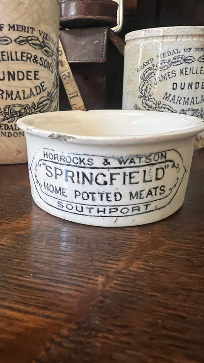 Antique Stoneware: Marmalade Jar - James Keiller & Son's; Potted Meat; and Ink Bottle