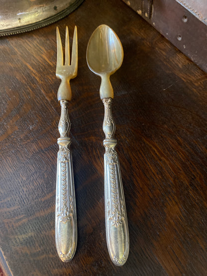 French Antique Silver and Horn Salad Servers