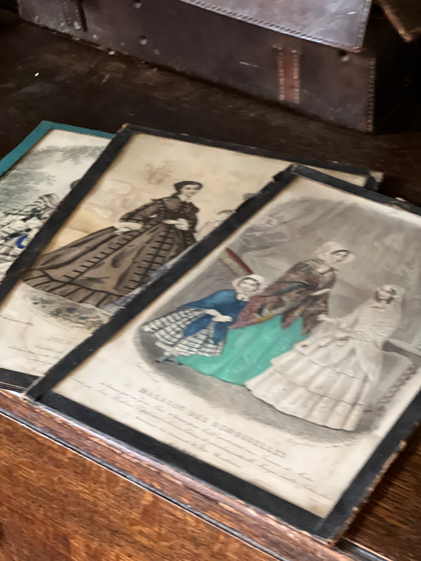Antique Hand coloured Fashion Prints, framed