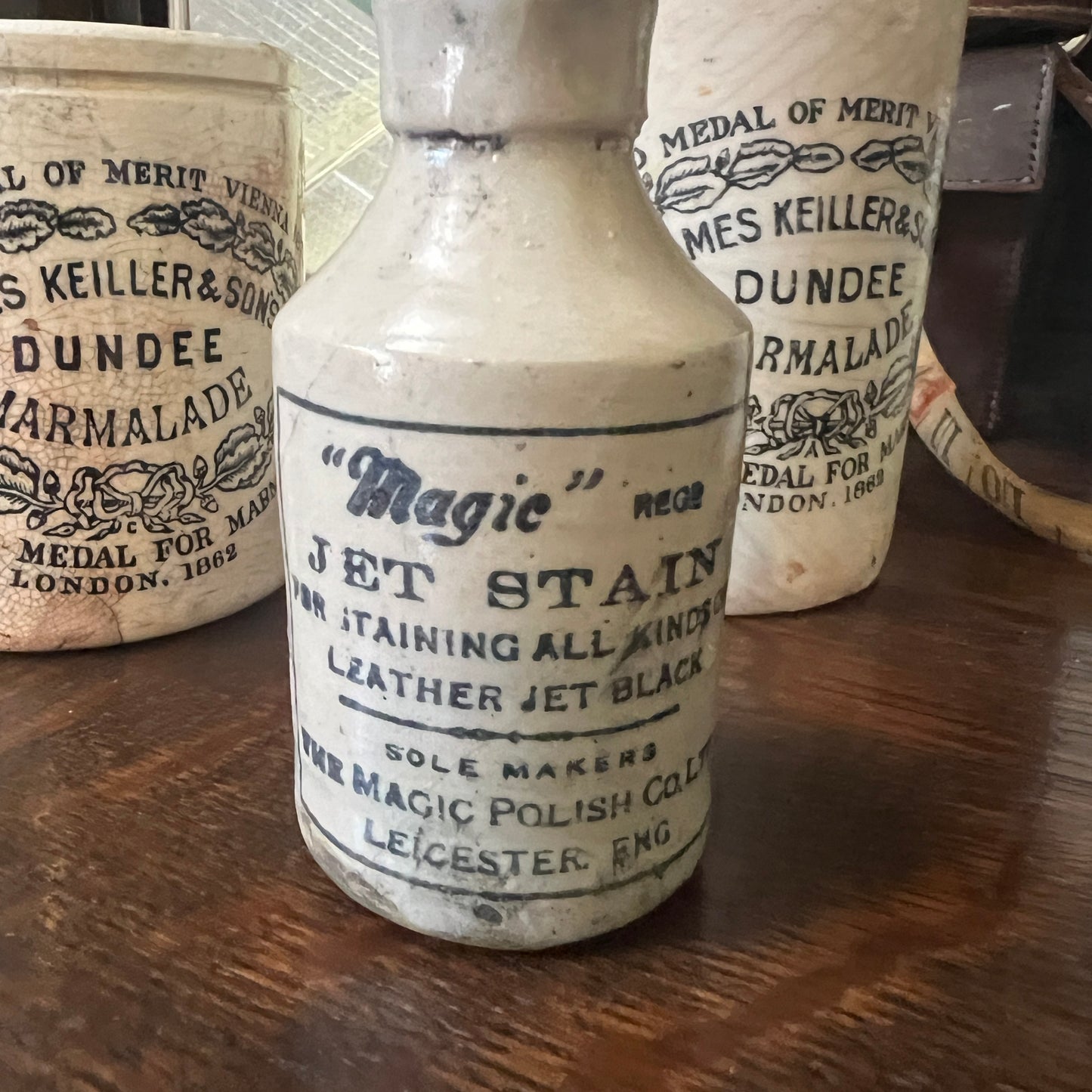 Antique Stoneware: Marmalade Jar - James Keiller & Son's; Potted Meat; and Ink Bottle