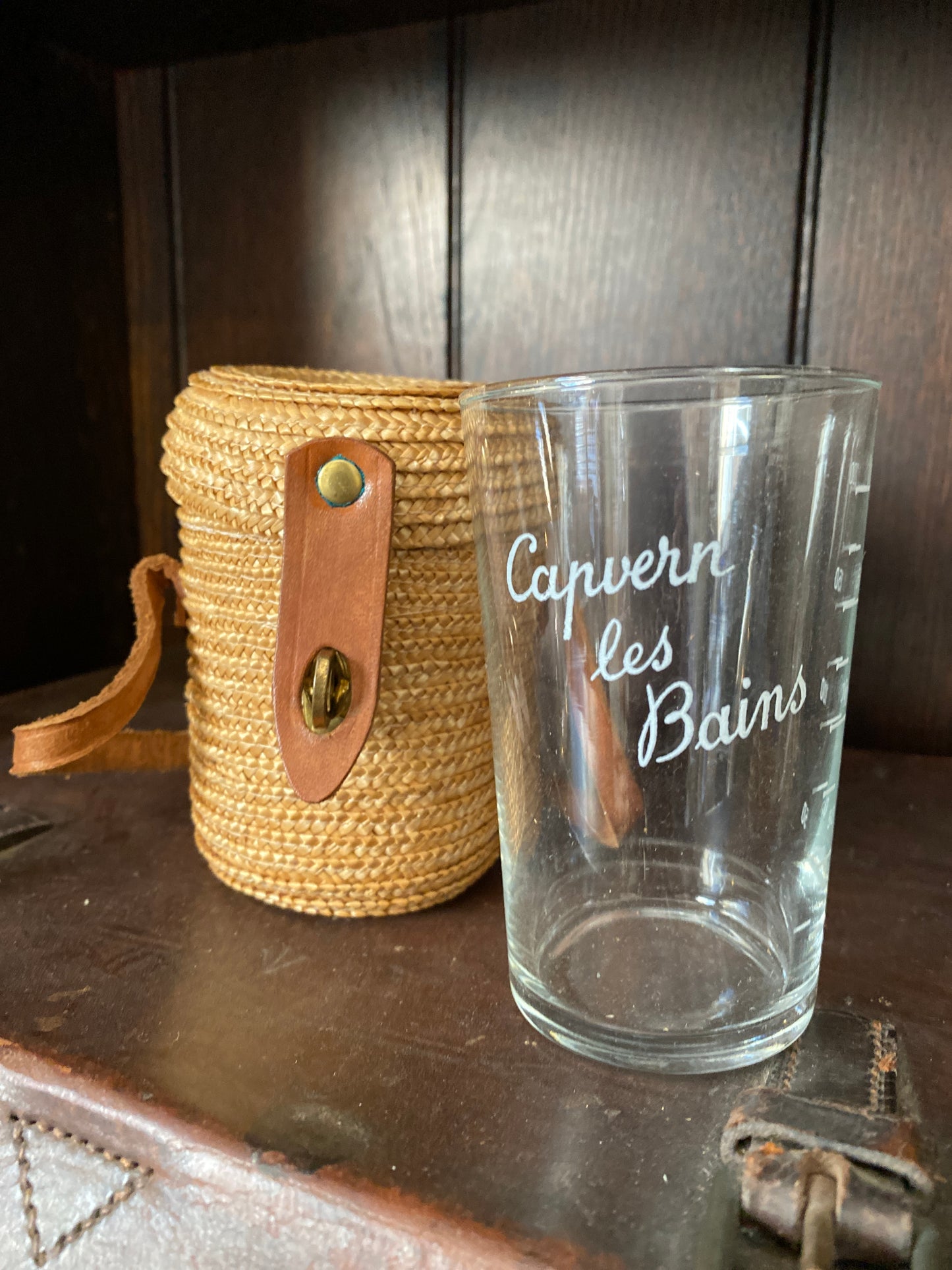 Vintage French Thermal Spa Glass & Wicker holder