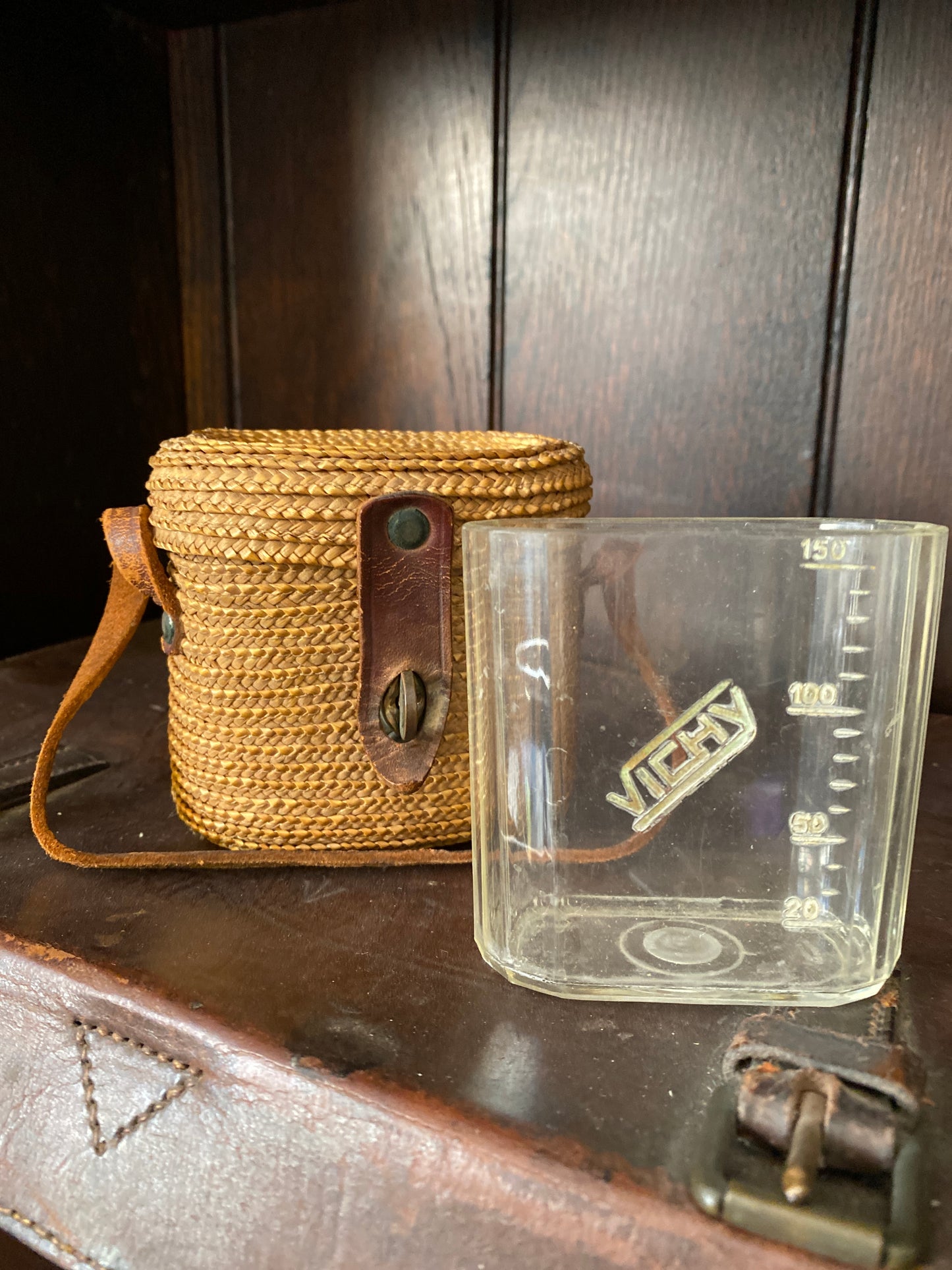 Vintage French Thermal Spa Glass & Wicker holder