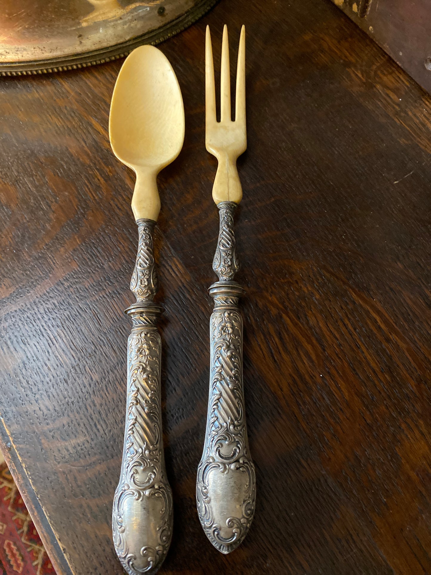 French Antique Silver and Horn Salad Servers