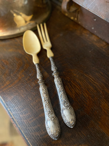 French Antique Silver and Horn Salad Servers