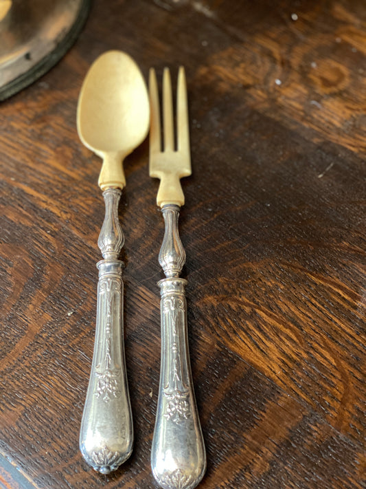 French Antique Silver and Horn Salad Servers